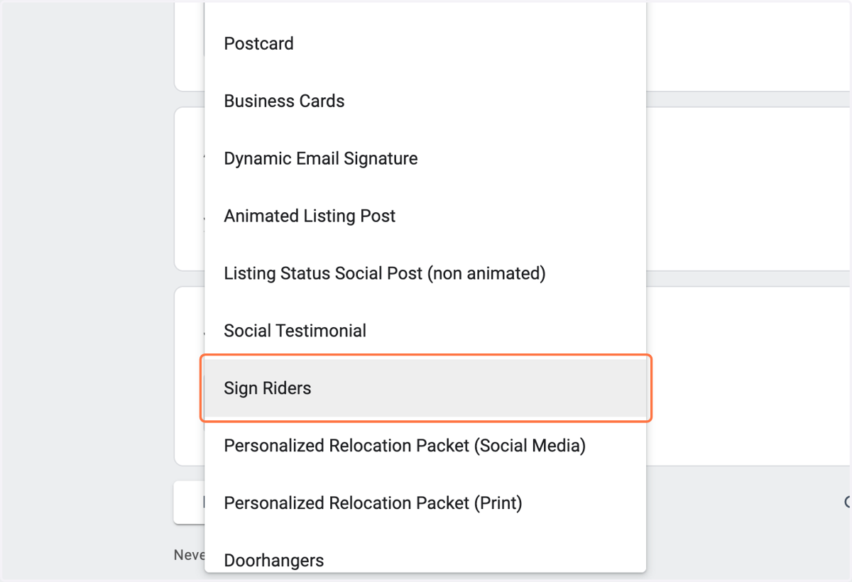 Click on Sign Riders -- or to order "For Sale Signs" choose that in the drop down menu
