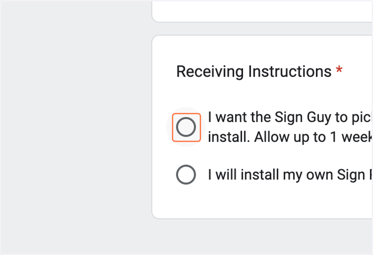 Choose how you'd like to take possession of the signs. You can pick them up and hang them for fastest results or our sign installer can hang them for you if you're okay waiting.