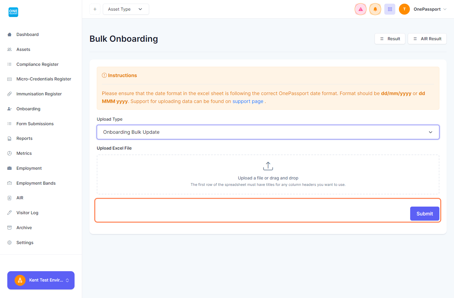 Click on "Onboarding Bulk Update" from Upload Type.