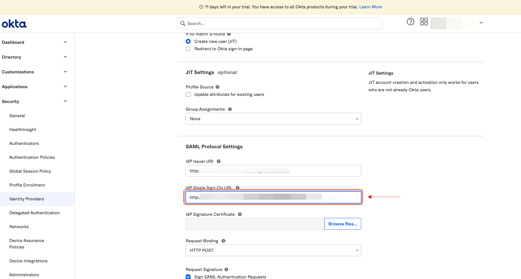 IdP Single Sign-On URL