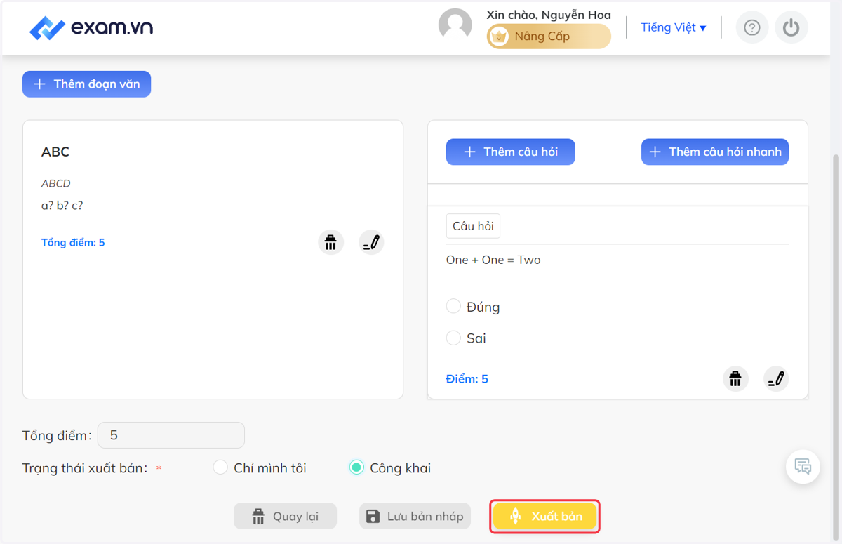 Nhấn chọn "Xuất bản" sau khi đã hoàn thành một câu hỏi