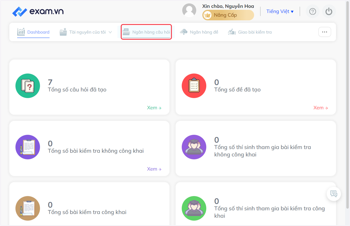 Nhấn chọn "Ngân hàng câu hỏi"