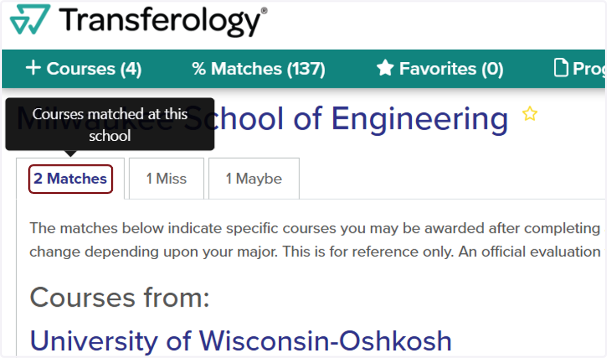 Match Tab - indicates the course(s) that have a transfer equivalent.
