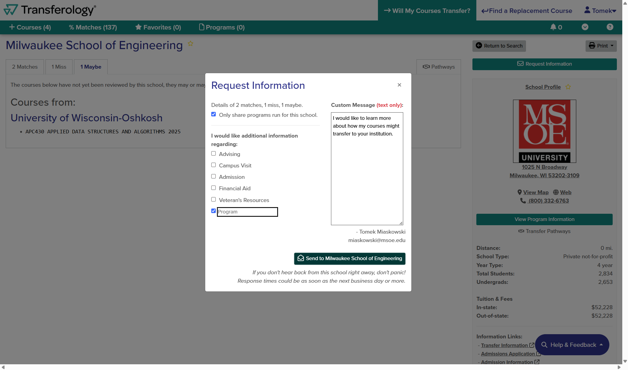 Click on Send to Milwaukee School of Engineering
