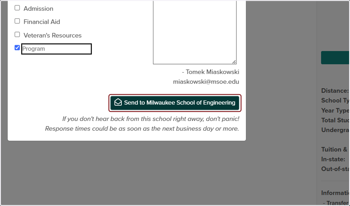 Click on Send to Milwaukee School of Engineering
