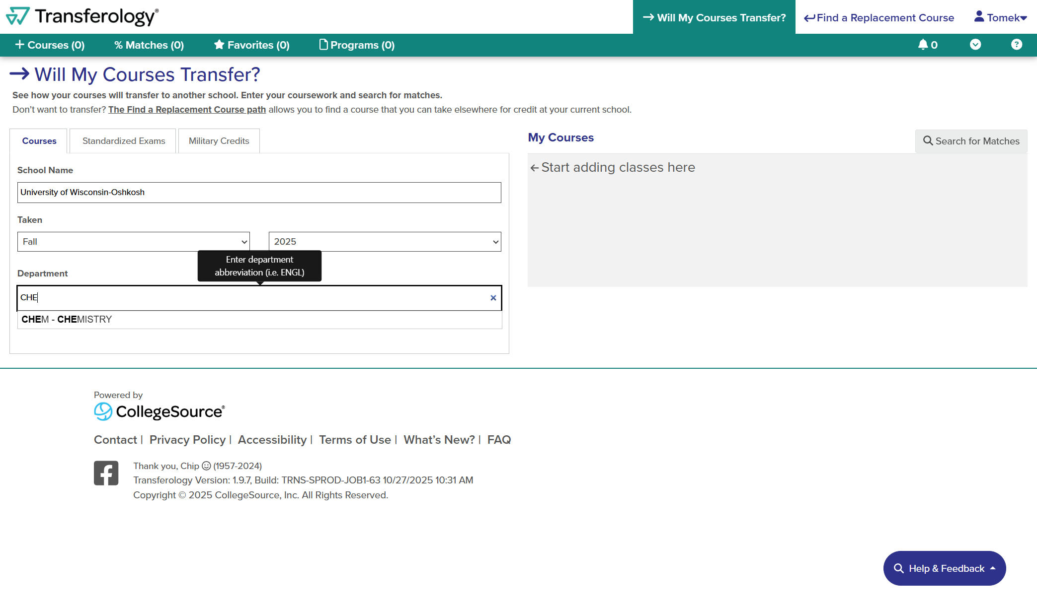 Under Department, type and select the prefix of the course(s) taken.