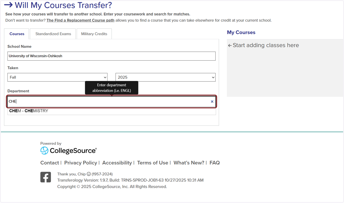Under Department, type and select the prefix of the course(s) taken.