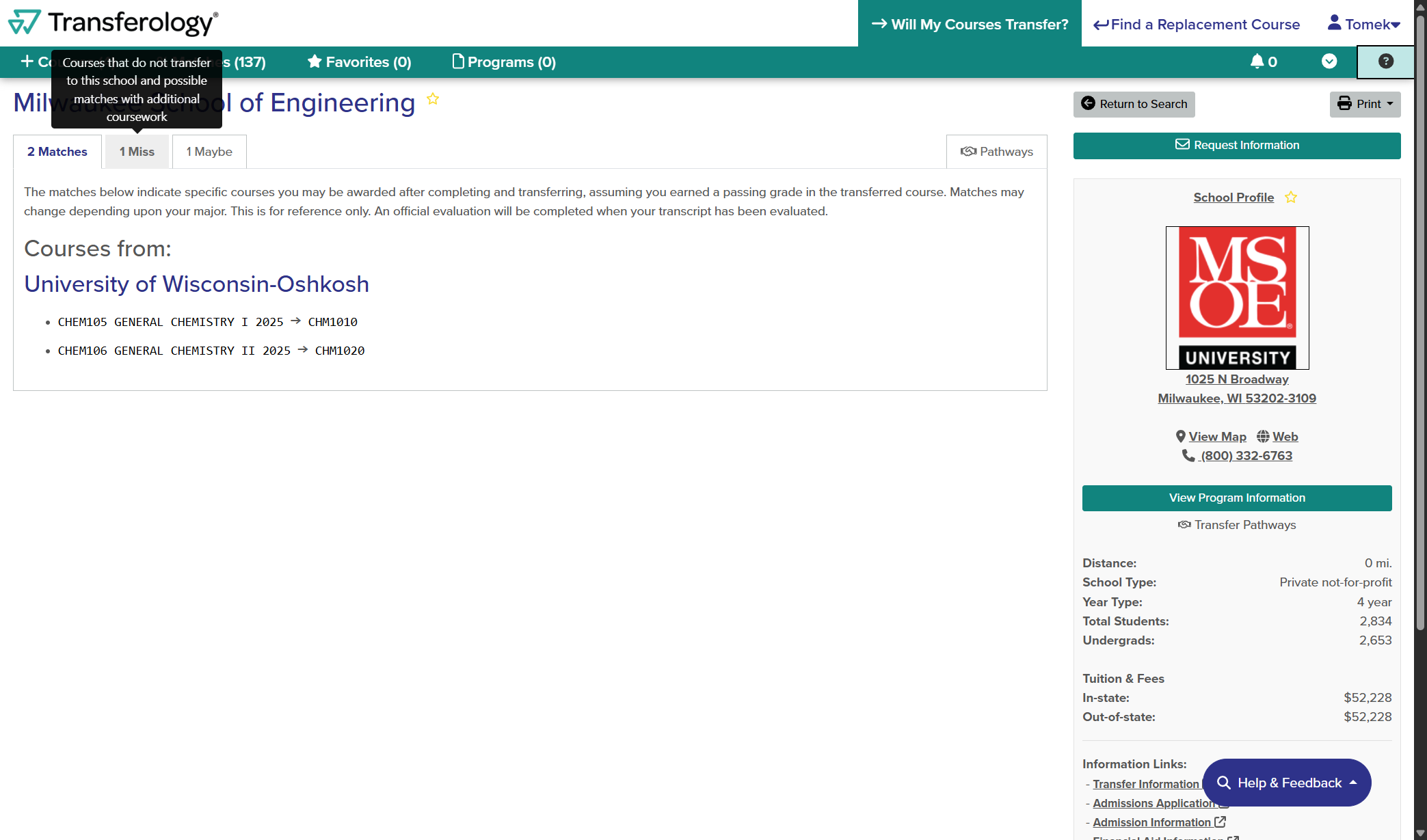Miss Tab - indicates the course(s) that do not have a transfer equivalent