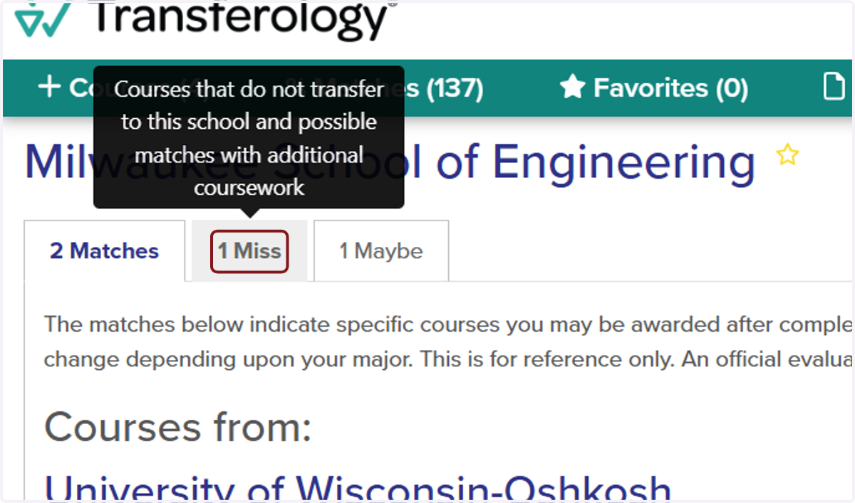 Miss Tab - indicates the course(s) that do not have a transfer equivalent