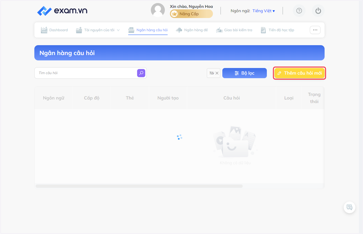 Nhấn chọn "Thêm câu hỏi mới" để chọn dạng câu hỏi