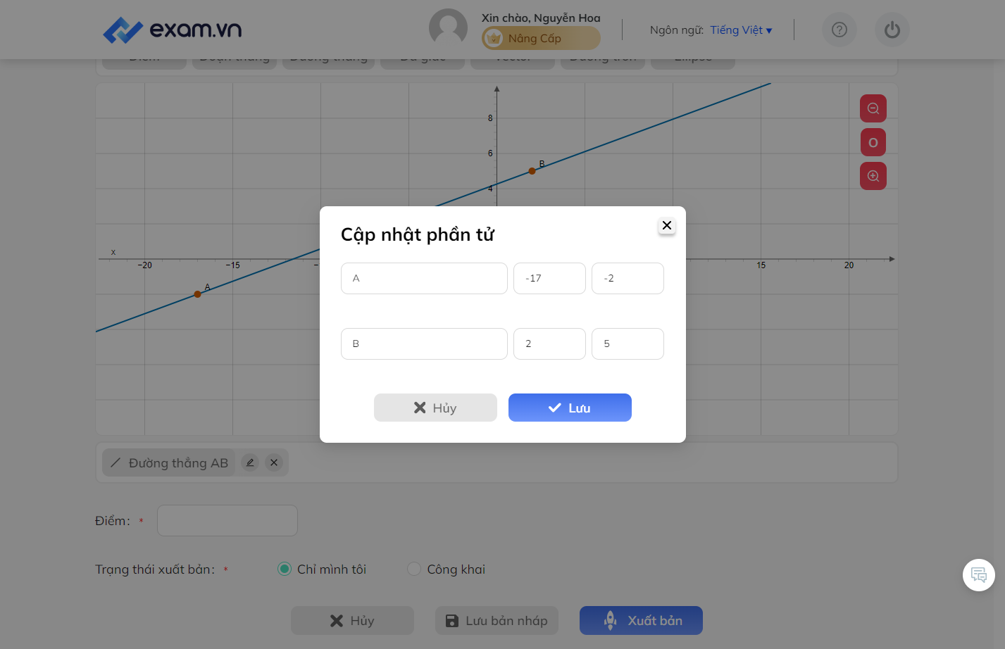 Trong phần "Cập nhật phần tử", sửa các thông số của tọa độ