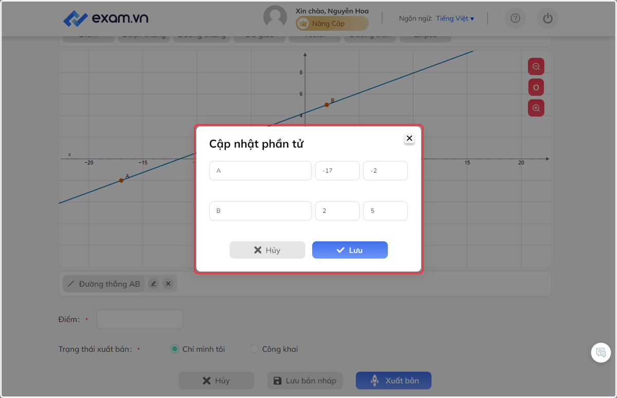 Trong phần "Cập nhật phần tử", sửa các thông số của tọa độ
