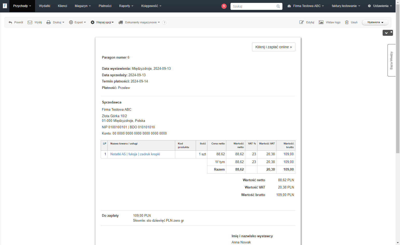 System pozwala również na utworzenie faktury do paragonu bezpośrednio z poziomu dokumentu paragon. Przejdź do podglądu paragonu i z menu podręcznego ponad dokumentem wybierz 'Więcej opcji'.