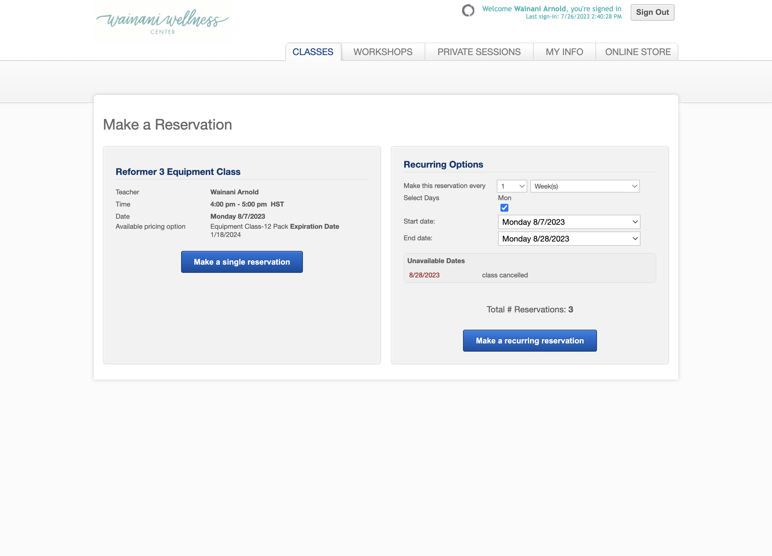 Save by clicking on "Make a recurring reservation"