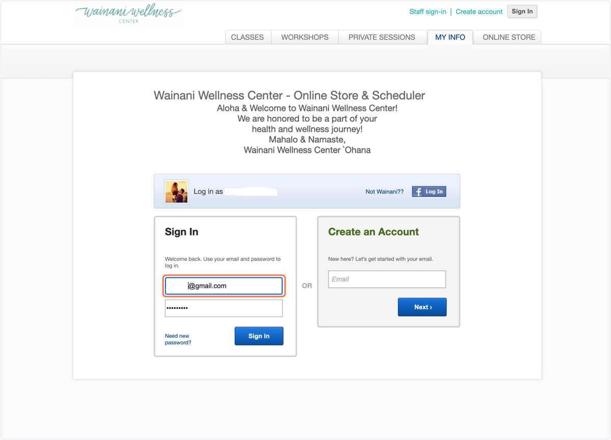On your DESKTOP, go to mindbodyonline.com to Log in to your account with your email and password.