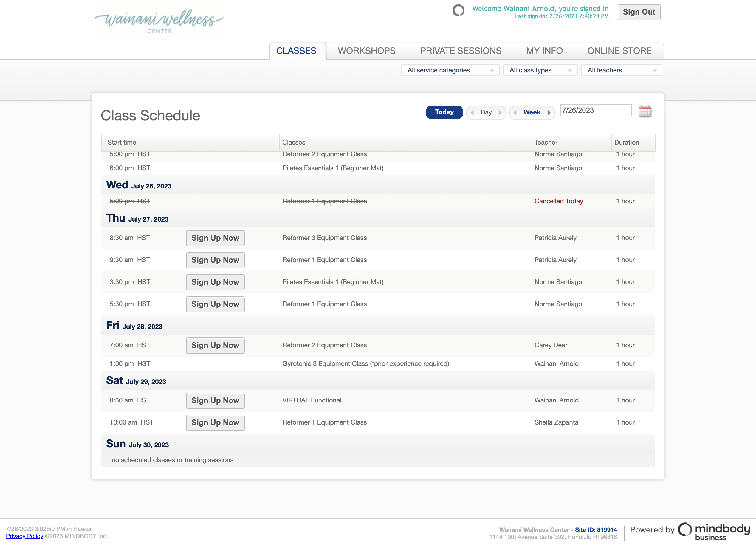 If the class is not showing up within the current view, you may need to click over to the following week.