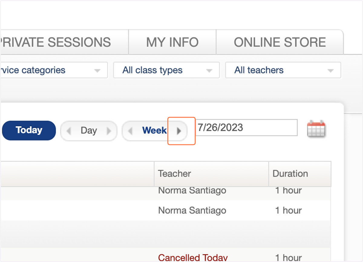 If the class is not showing up within the current view, you may need to click over to the following week.