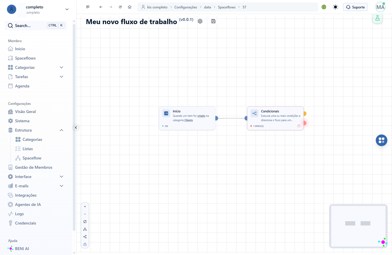 O recurso de Minimapa oferece uma visão panorâmica de todo o fluxo em uma janela reduzida. Ele é especialmente útil para facilitar a navegação em fluxos extensos, permitindo que você se localize e se desloque rapidamente entre grandes grupos de nós
