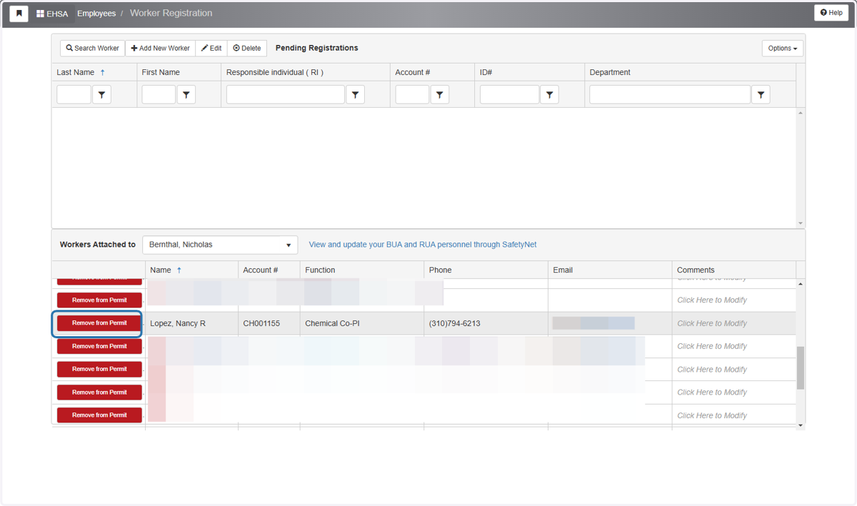 To remove a worker simply click on the red "Remove from Permit" button next to the worker you want to remove