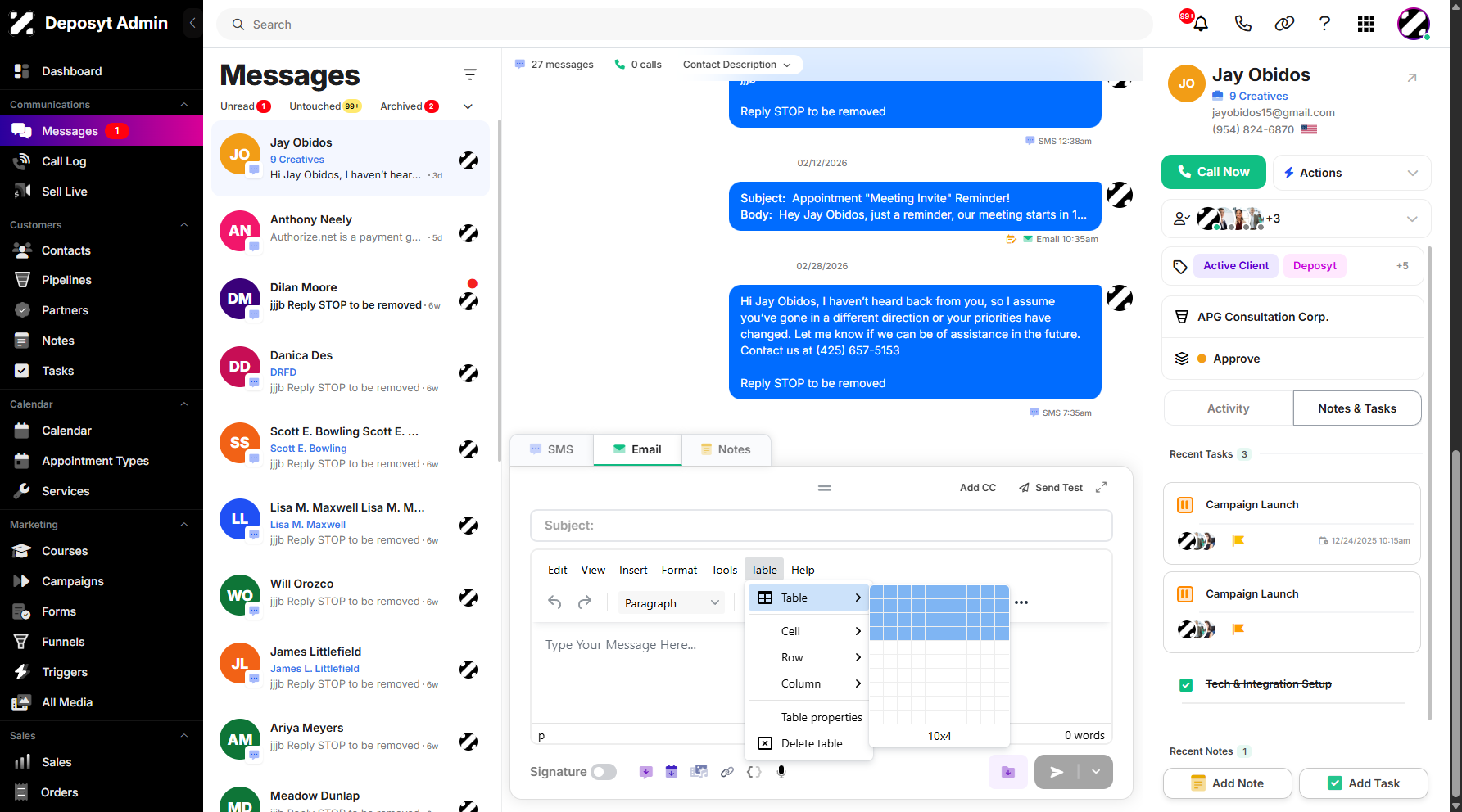 Using Table Functionalities in Email