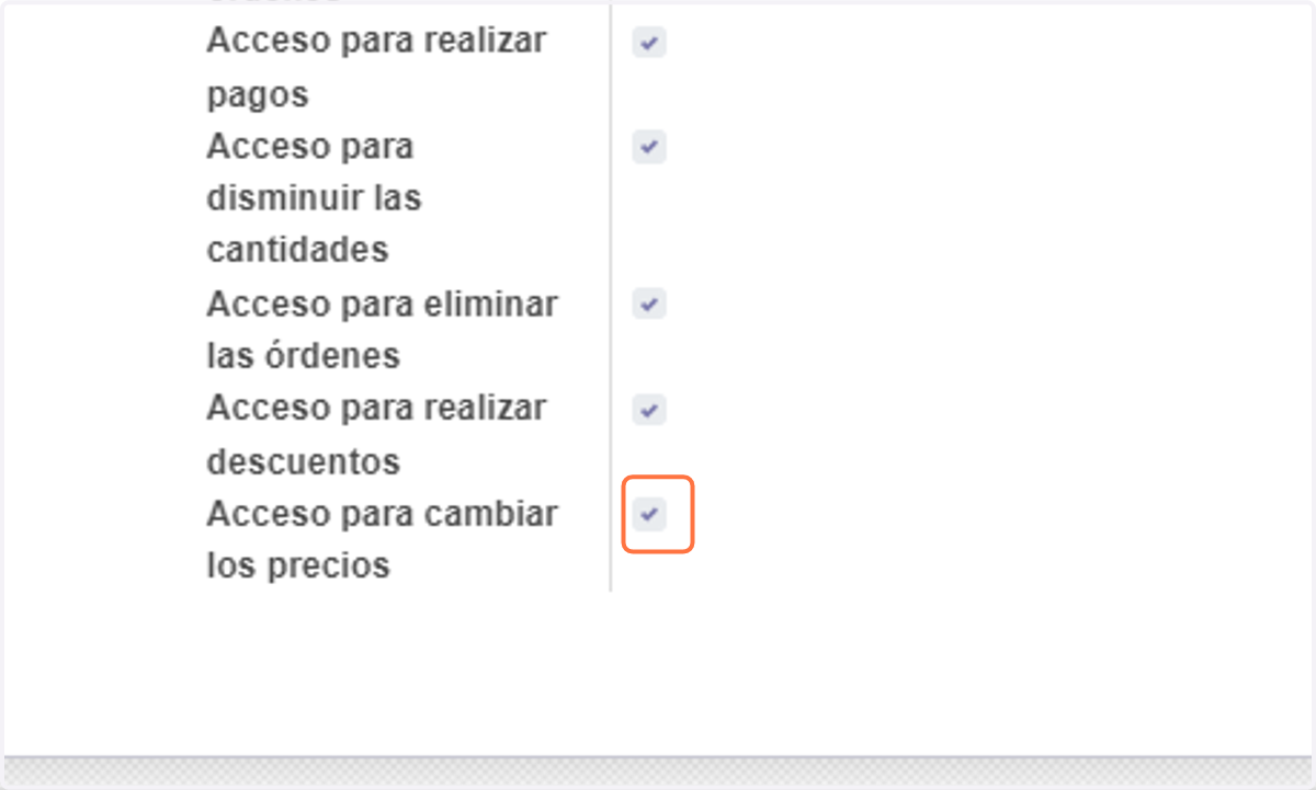 Vamos a quitar el acceso al usuarios seleccionado para que no puede cambiar el precio