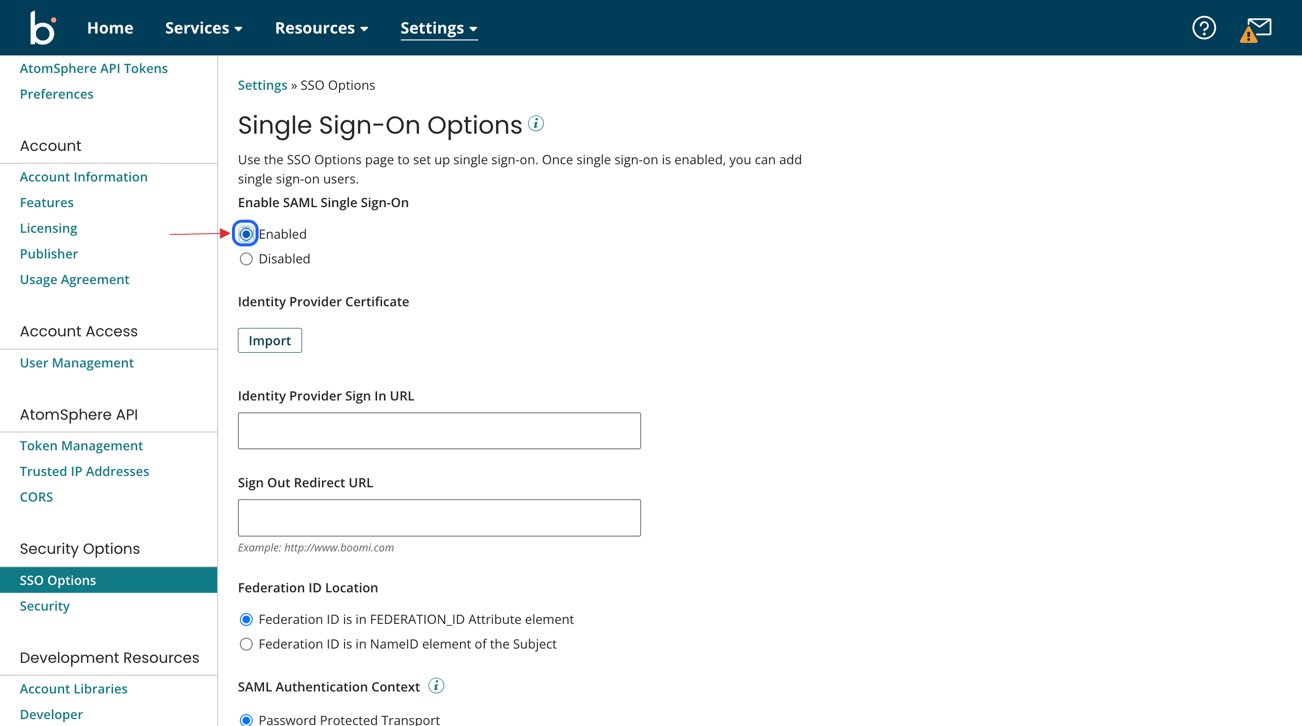 Enable SAML Single Sign-On