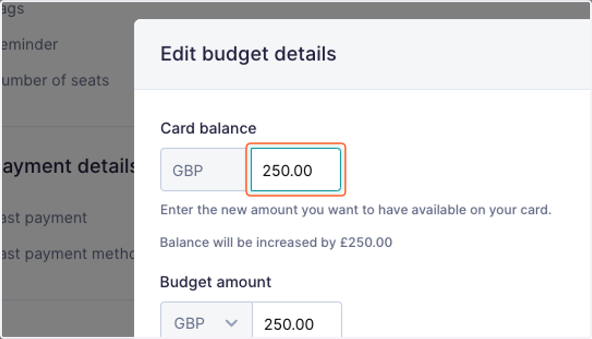 Edit the card balance to manually top up your card