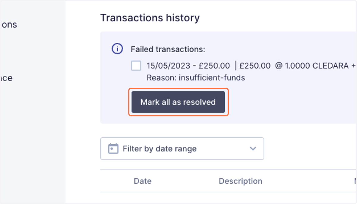Click on Mark all as resolved now that you've prepared the card for the merchant to charge again