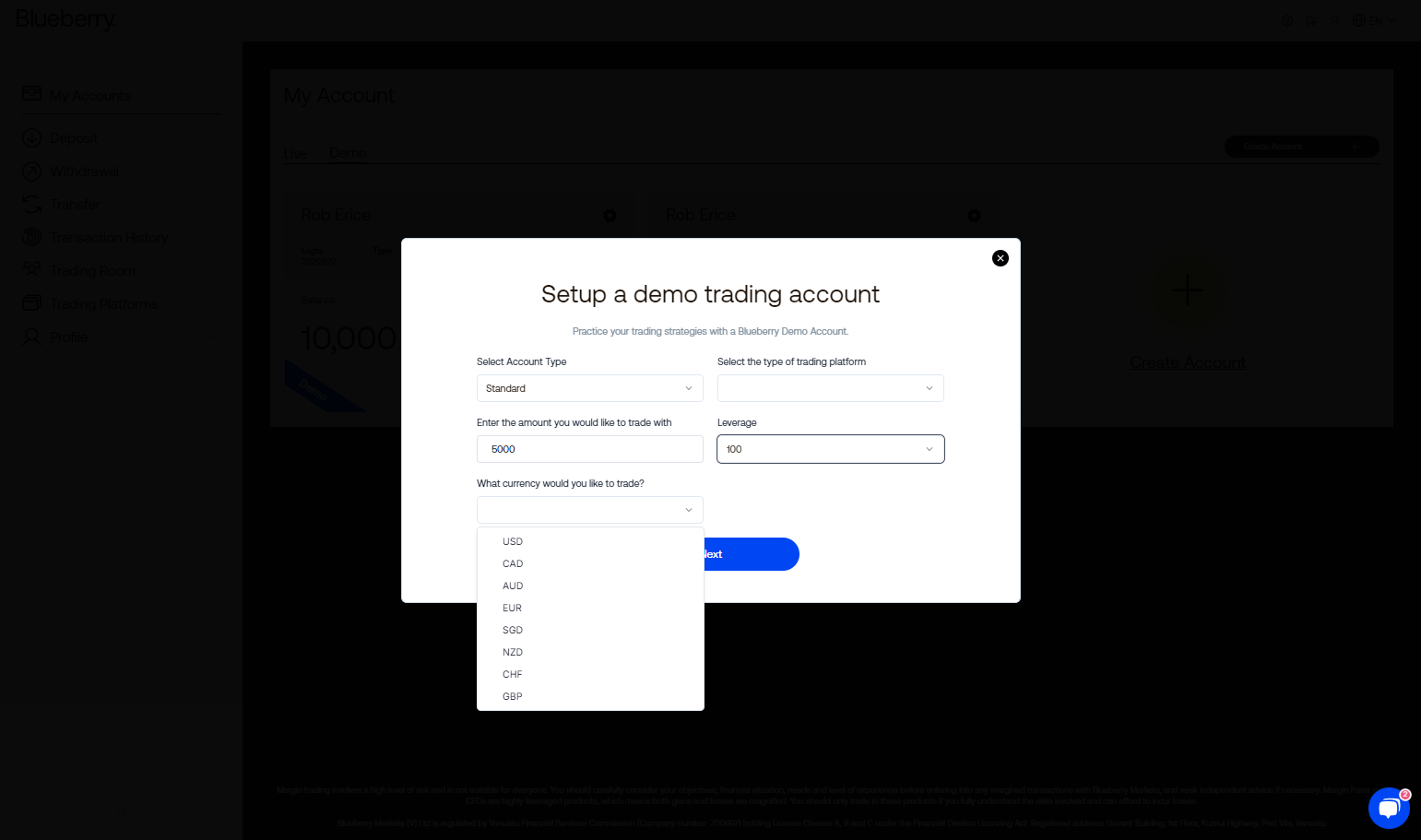 Choose your preferred trading account currency