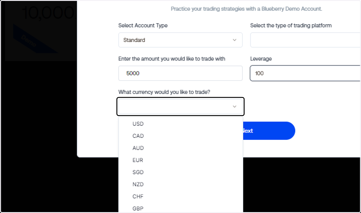 Choose your preferred trading account currency