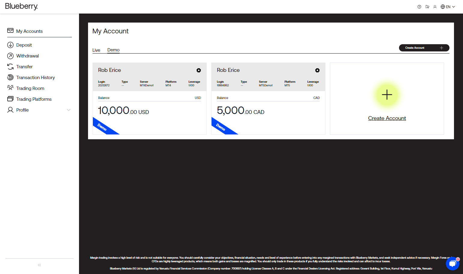 Click on + Create New Account