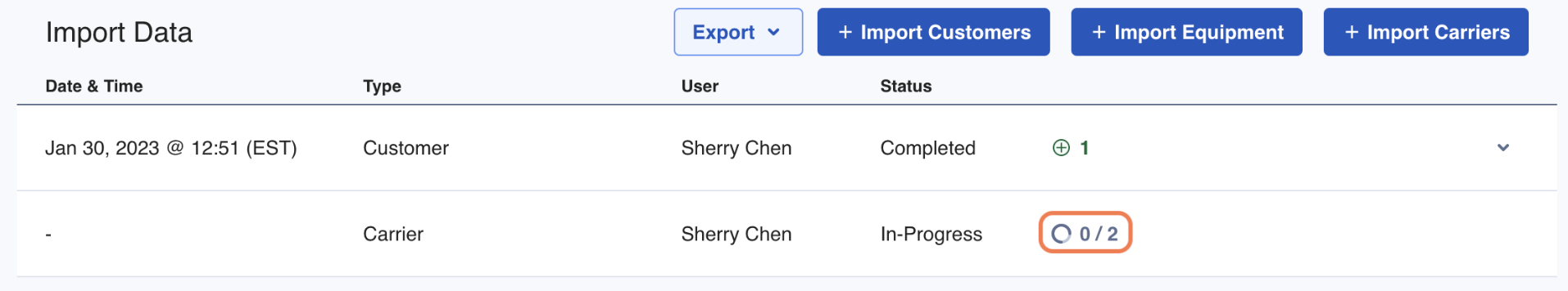 The Import Data page will show the upload progress.