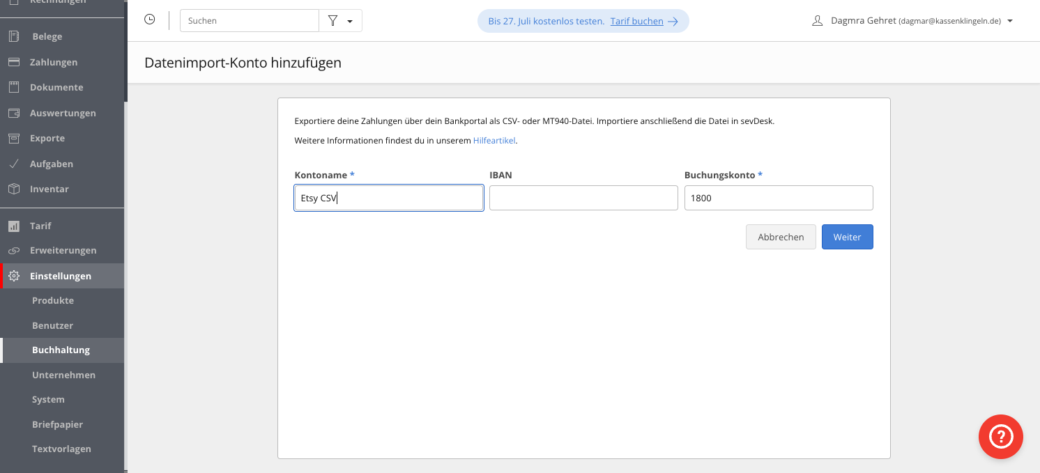 Fülle das Feld „Kontoname“ mit Etsy CSV und klicke auf weiter.