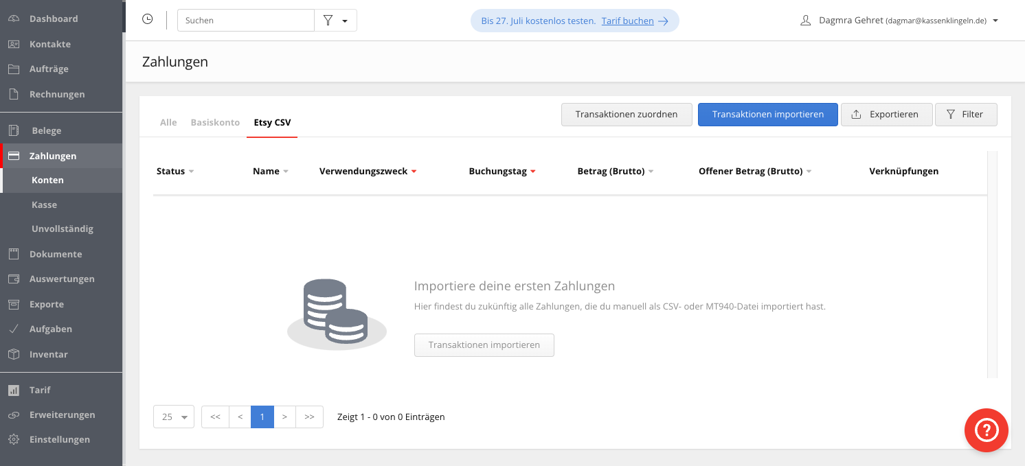 Unter „Zahlungen“ und dann „Konten“ findest du künftig dein manuelles Konto, in das du die konvertierte Etsy-CSV hochlädst.