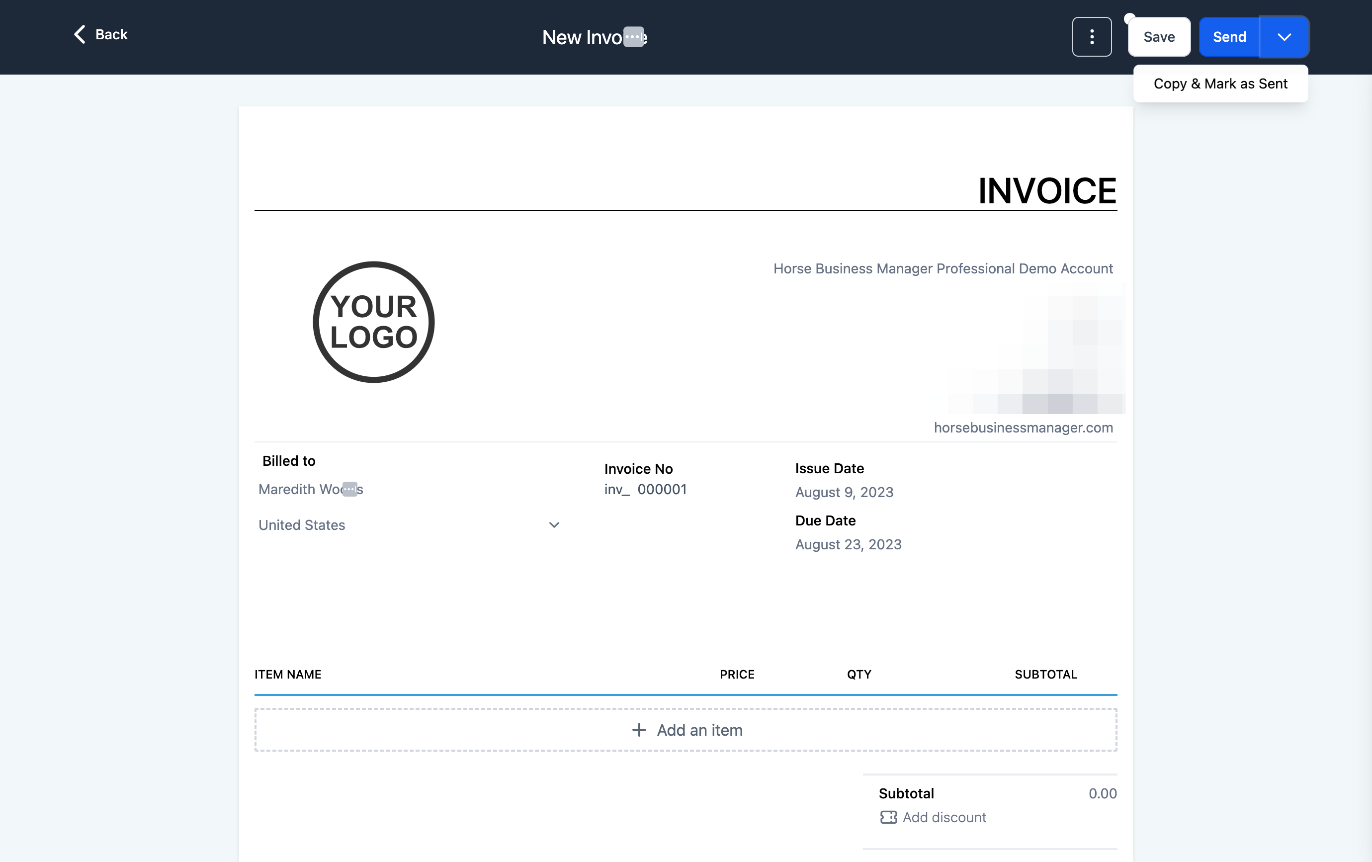You can either send the invoice now, choose to Copy & Mark as Sent, or click Back to save the invoice as a Draft