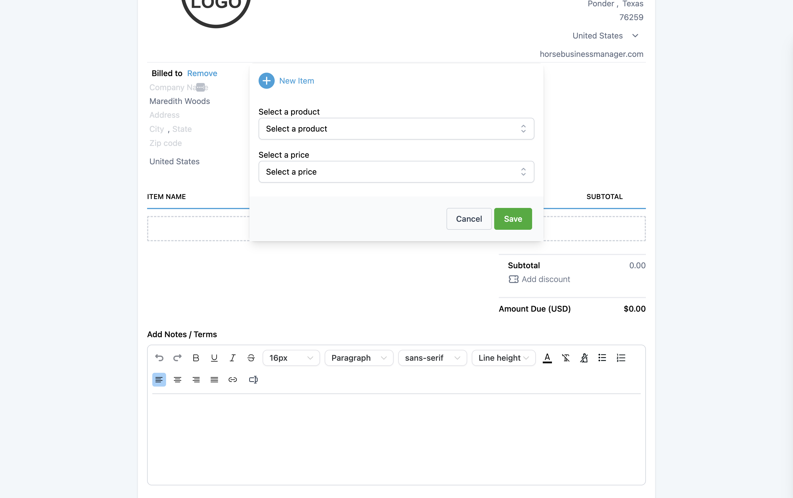 Click on Select a product Or New Item