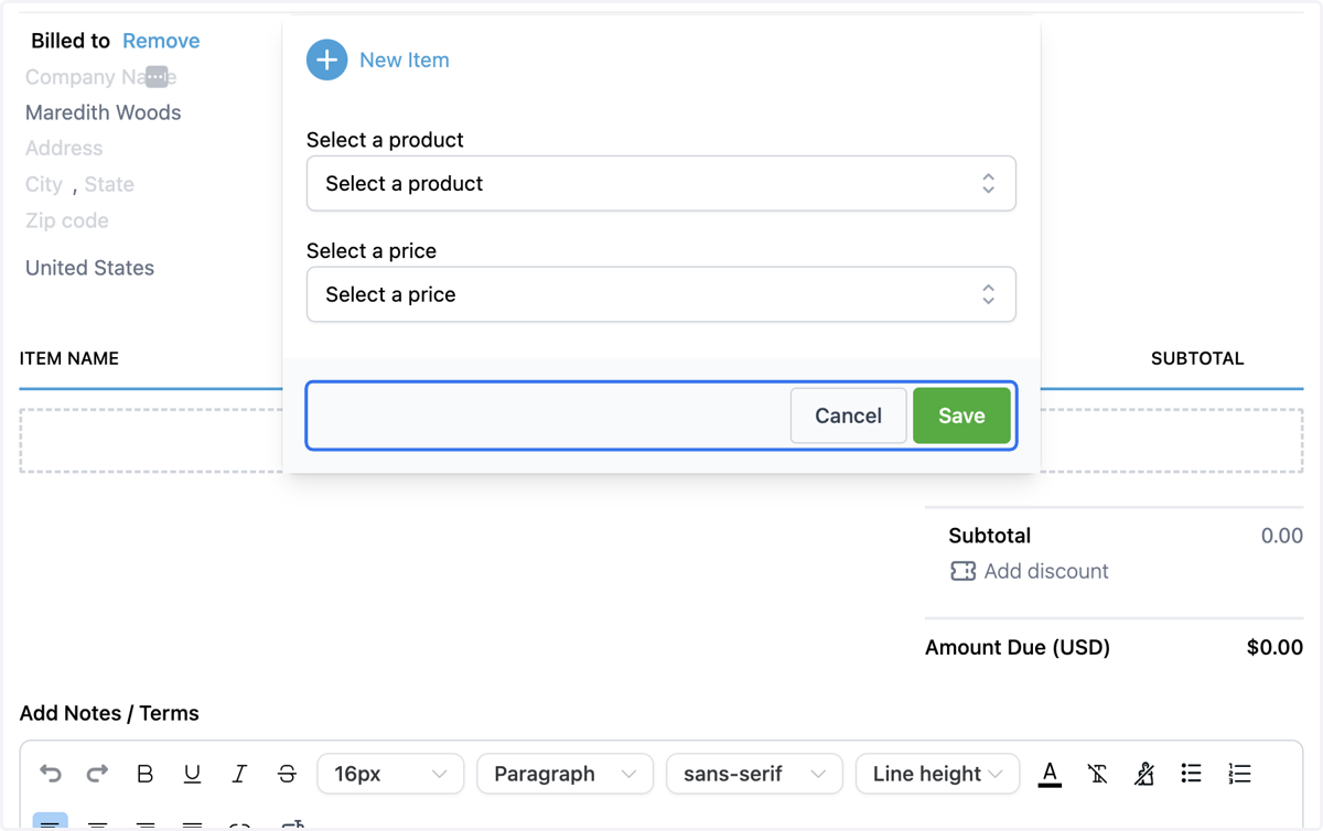 Otherwise, select your product and price from the dropdown menus and click Save