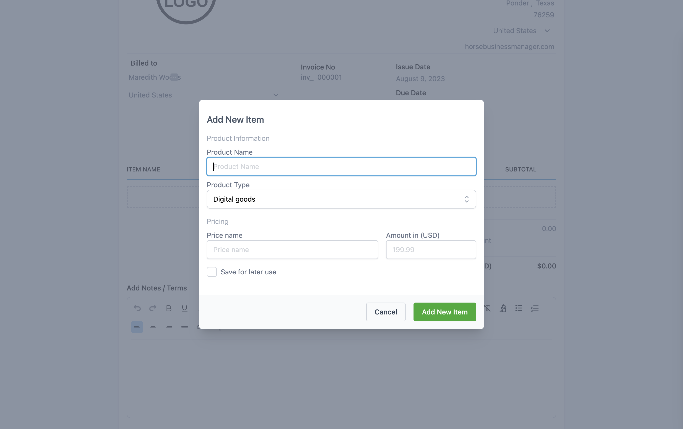 If you click on New Item, a box will appear for you to create your new product
