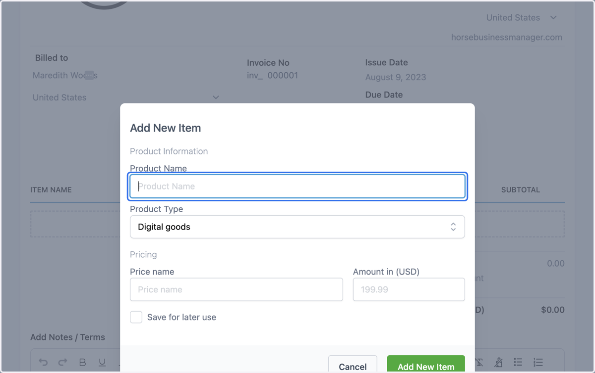 If you click on New Item, a box will appear for you to create your new product