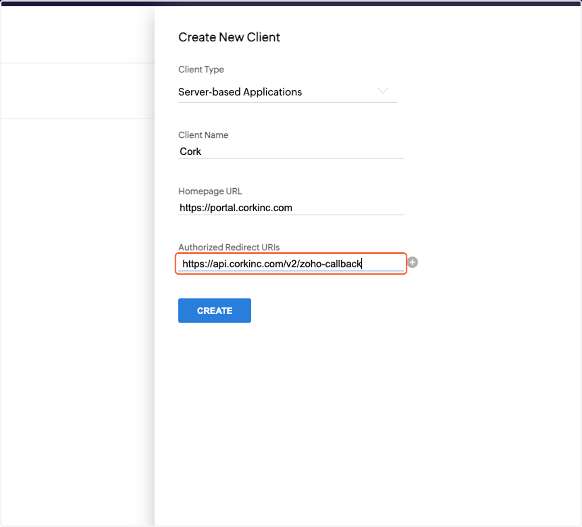 Type https://api.corkinc.com/v2/zoho-callback