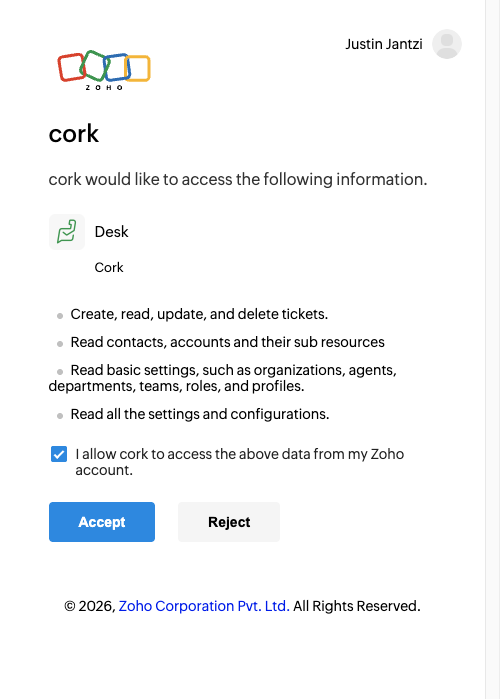 A. Select I allow cork to access the above data from my Zoho account. B. Click on Accept