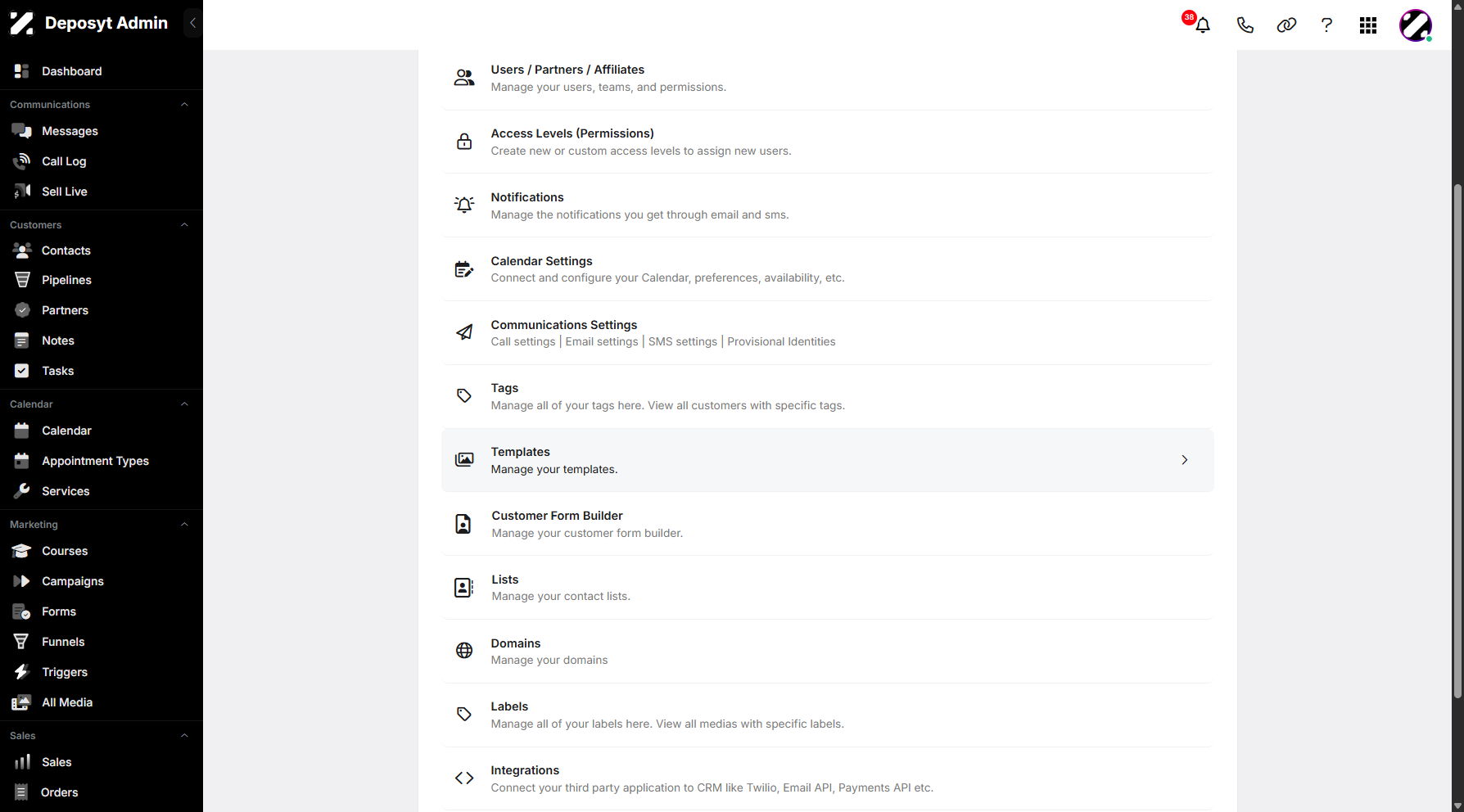 Step 3: You will then be taken to the Settings page. Scroll down and click on Templates to continue.