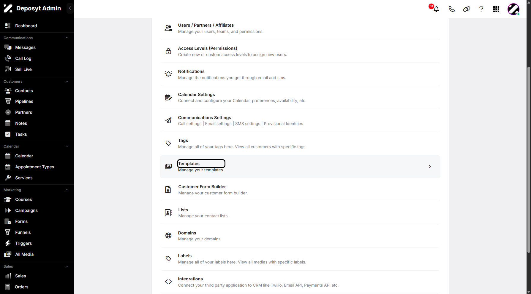 Step 3: You will then be taken to the Settings page. Scroll down and click on Templates to continue.