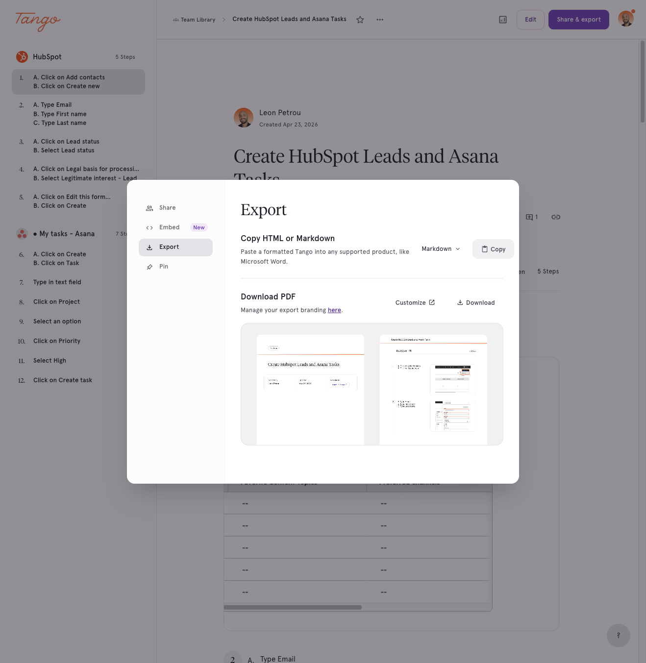 Click on Copy to copy the markdown code of the Tango