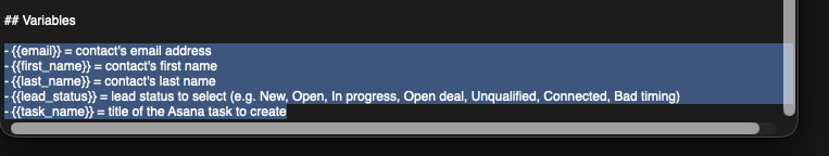 Copy variables from text file below the "## Variables"