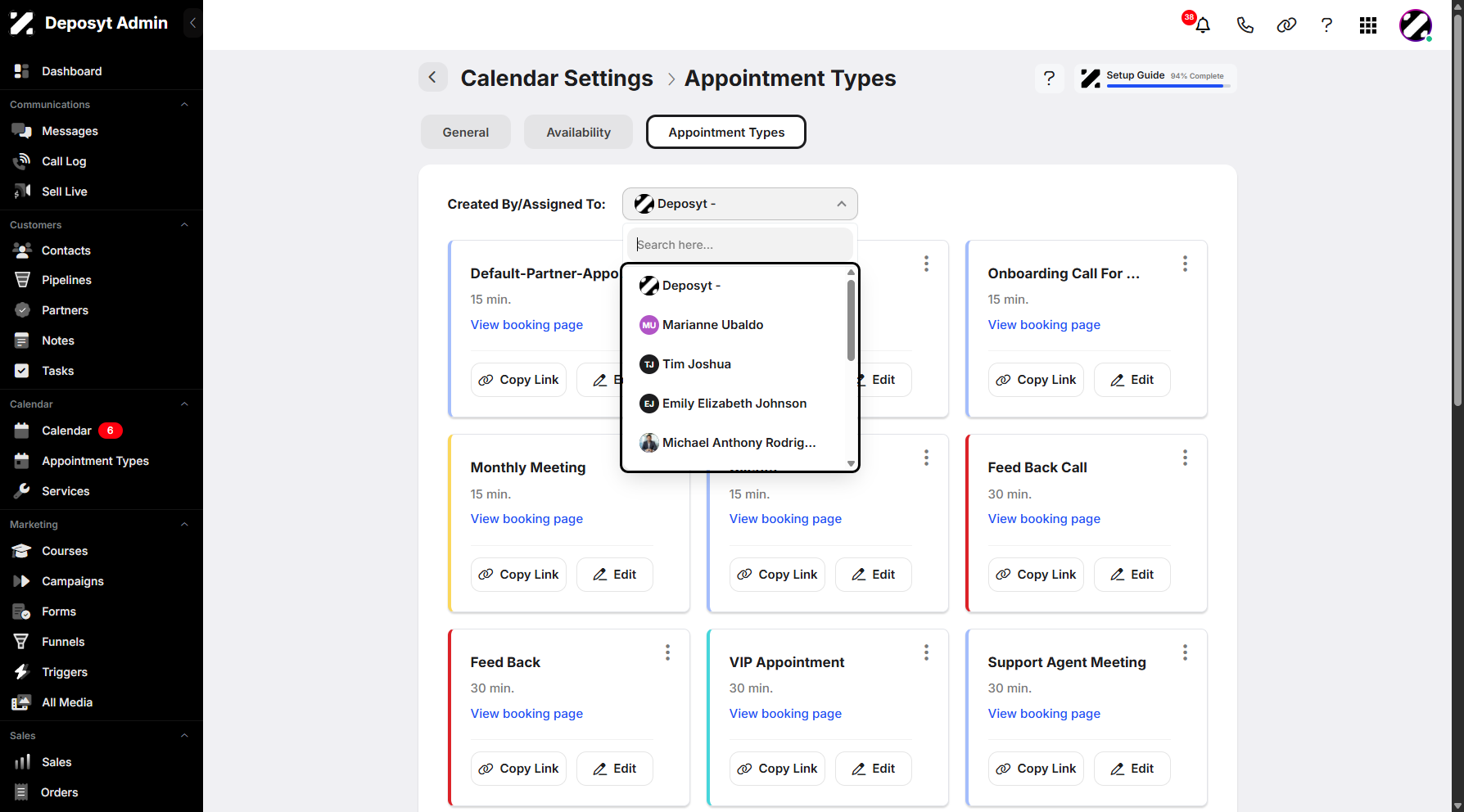 Step 7: You can manage appointment types by created by or assigned to by clicking and selecting from the dropdown menu.
