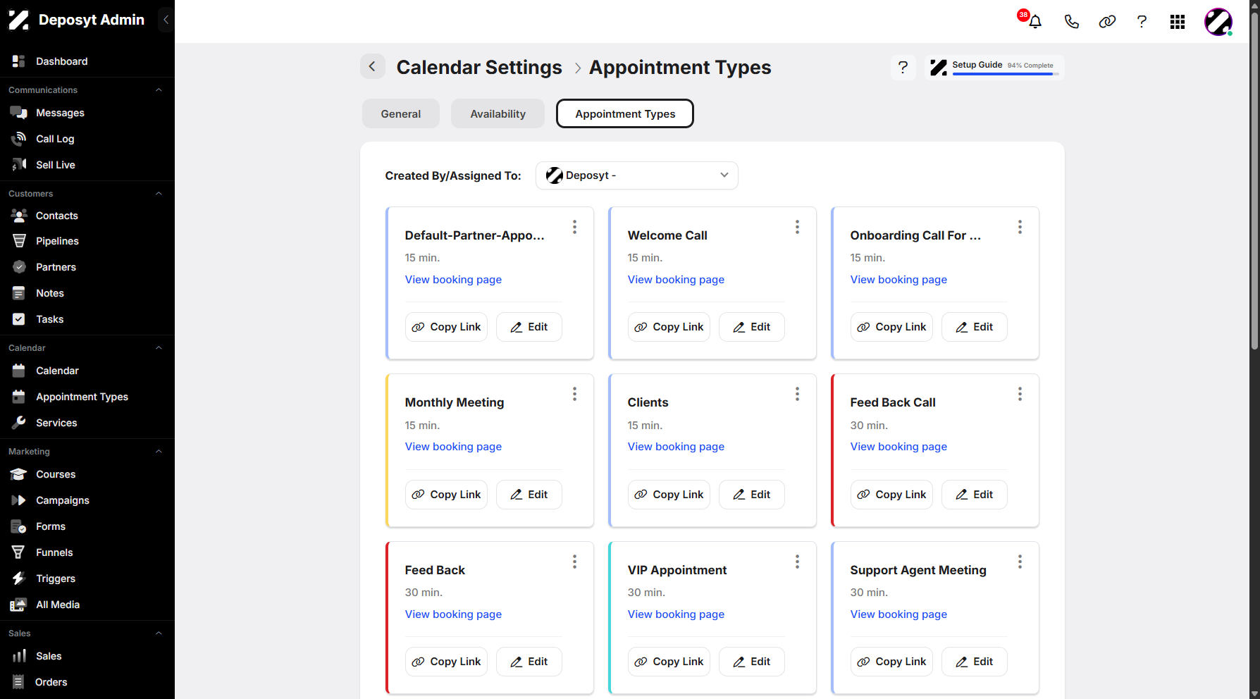 Step 6: You will then be taken to the Calendar Settings Appointment Types section.