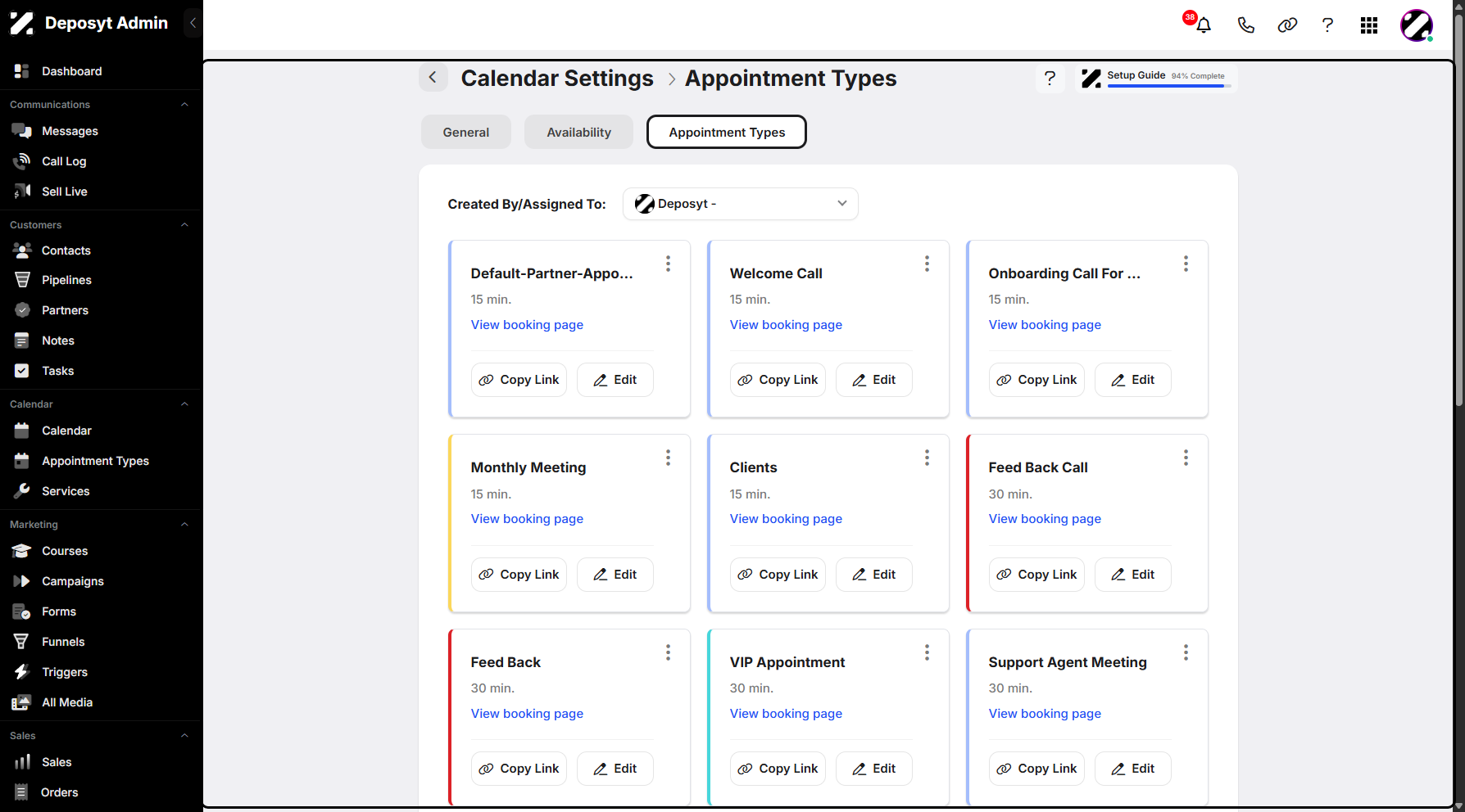 Step 6: You will then be taken to the Calendar Settings Appointment Types section.