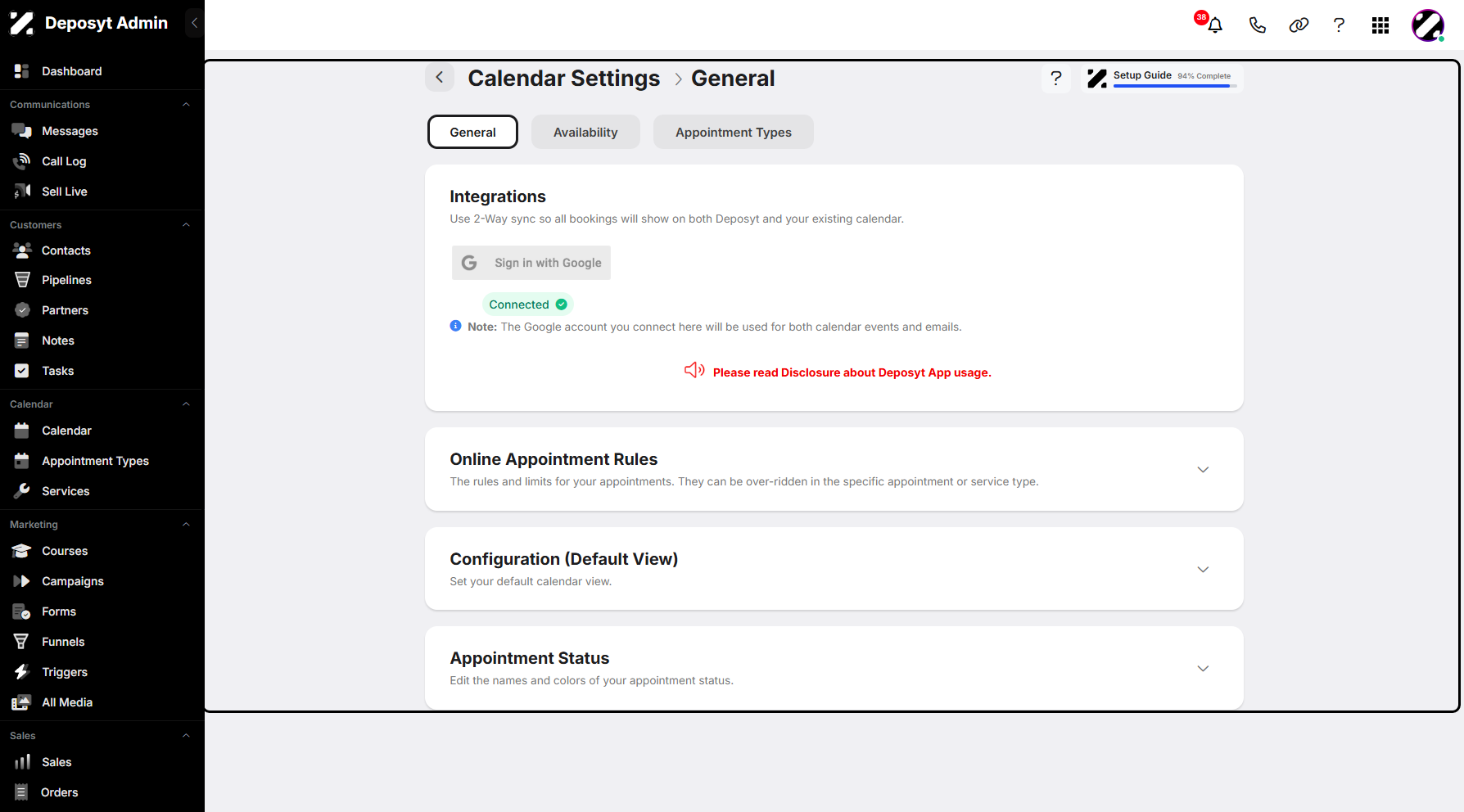 Step 4: You will be taken to the Calendar Settings.