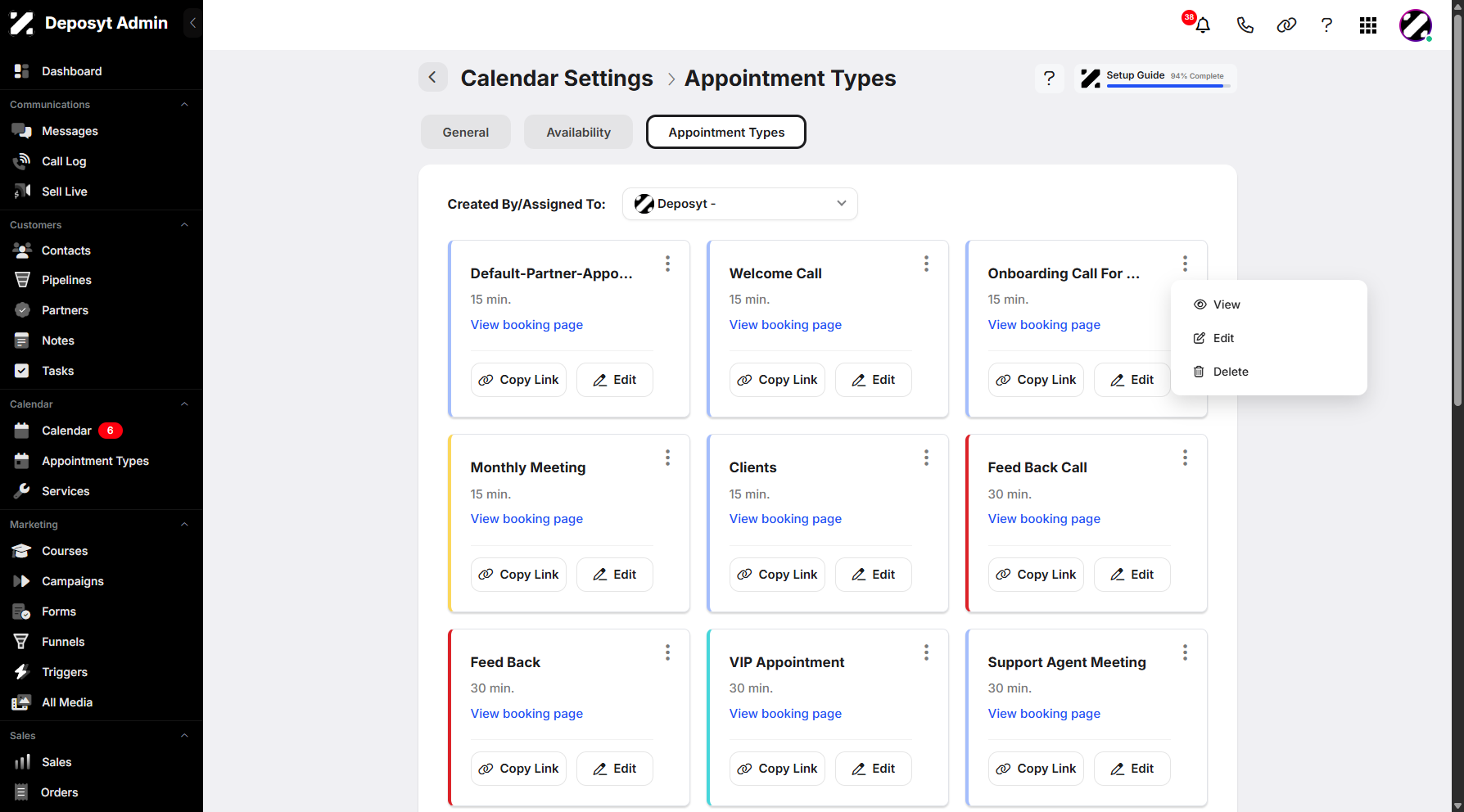Step 8: You can also view and edit your selected appointment type by clicking the three-dot menu.